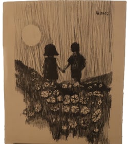 Aldo Luongo, 1969, Holding Hands in a Field of Flowers Expressionism Lithograph