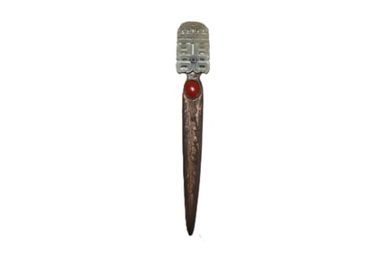 Asian Metal Letter Opener, Carved Jade Handle, Red Stone Accent, Collectible Desk Accessory, Unique
