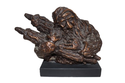 Bronze Sculpture, Old Man with Child, Figurative Art, Abstract Form, Signed, Collectible Art