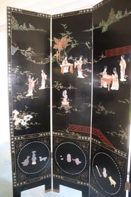 Oriental Lacquer Screen, Mother of Pearl Inlay, Four Panels, Room Divider, Decorative Furniture