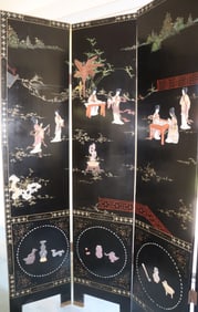 Oriental Lacquer Screen, Mother of Pearl Inlay, Four Panels, Room Divider, Decorative Furniture