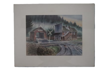 Mel Vincent, 1974, Chitwood Oregon Covered Bridge Lithograph, Hand Signed, Rural