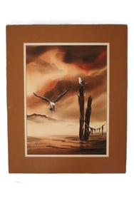 Ruby Agnew, Original Watercolor Painting, Coastal Seascape Seagulls Birds, Hand Signed Landscape Art