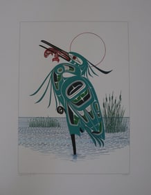 Richard Shorty, 2002, Signed, Heron With Catch, Canadian, Northern Tutchone Contemporary, Serigraph,
