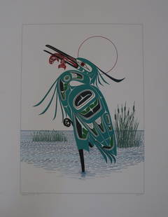 Richard Shorty, 2002, Signed, Heron With Catch, Canadian, Northern Tutchone Contemporary, Serigraph,: Artist: Richard Shorty Description: Richard Shorty, 2002, Signed, Heron With Catc