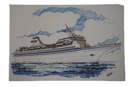 Vasino, Original Art Drawing / Print, Royal Caribbean Sun Viking Cruise Ship, Maritime Nautical Art