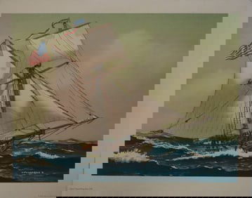 Alfred F. Loomis, 1946, Printed Signature, Schooner at Sea, American, Marine Realist Art