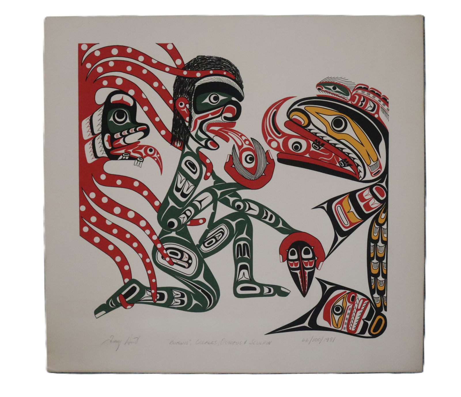 Tony Hunt, 1981, Signed, Bukwis Cockles Octopus & Sculpin, Canadian, Northwest Coast Native American: Artist: Tony Hunt Description: Tony Hunt, 1981, Signed, Bukwis Cockles Octopus &