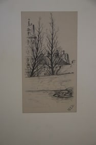 Building and Trees by Water, Drawing, Original, Signed