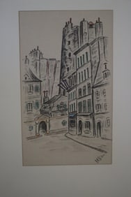 Urban Scene with Tall Building, Drawing, Original, Signed