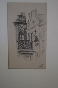 Balcony and Streetlight, Drawing, Original, Signed