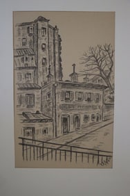 Cityscape with Balcony and Railing, Drawing, Original, Signed