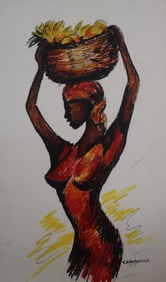Hector Charpentier, Late 20th Century, Signed, Woman with Basket, Caribbean, Original Drawing, Ink