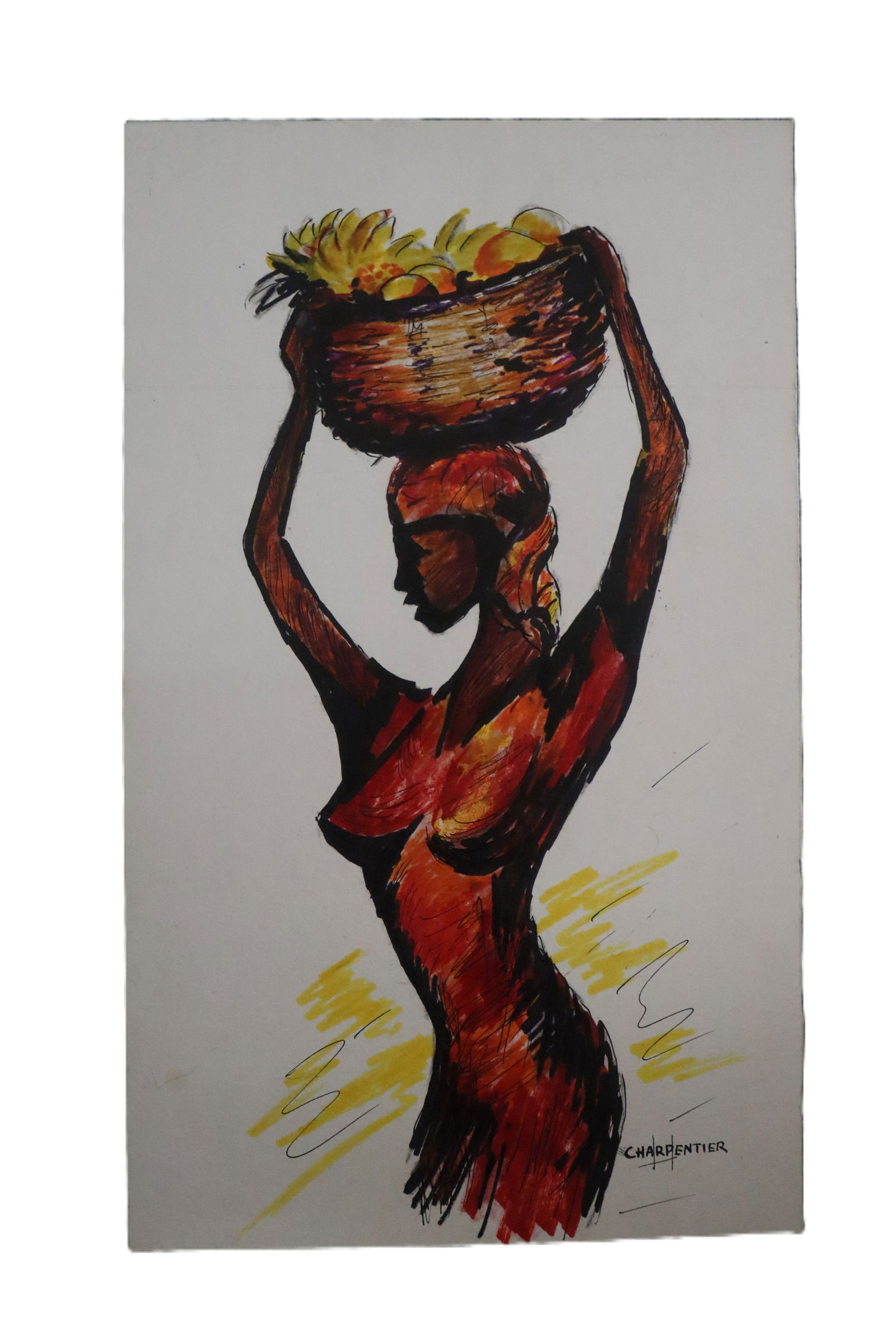 Hector Charpentier, Late 20th Century, Signed, Woman with Basket, Caribbean, Original Drawing, Ink (1 of 3)
