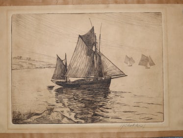 H. Schokler, Sailing Vessels on Water, Etching, Print, Signed