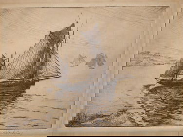 Harry Shokler, c. 1930s, Signed, Sailboat at Sea, American, Etching, Marine Art, Paper Ink