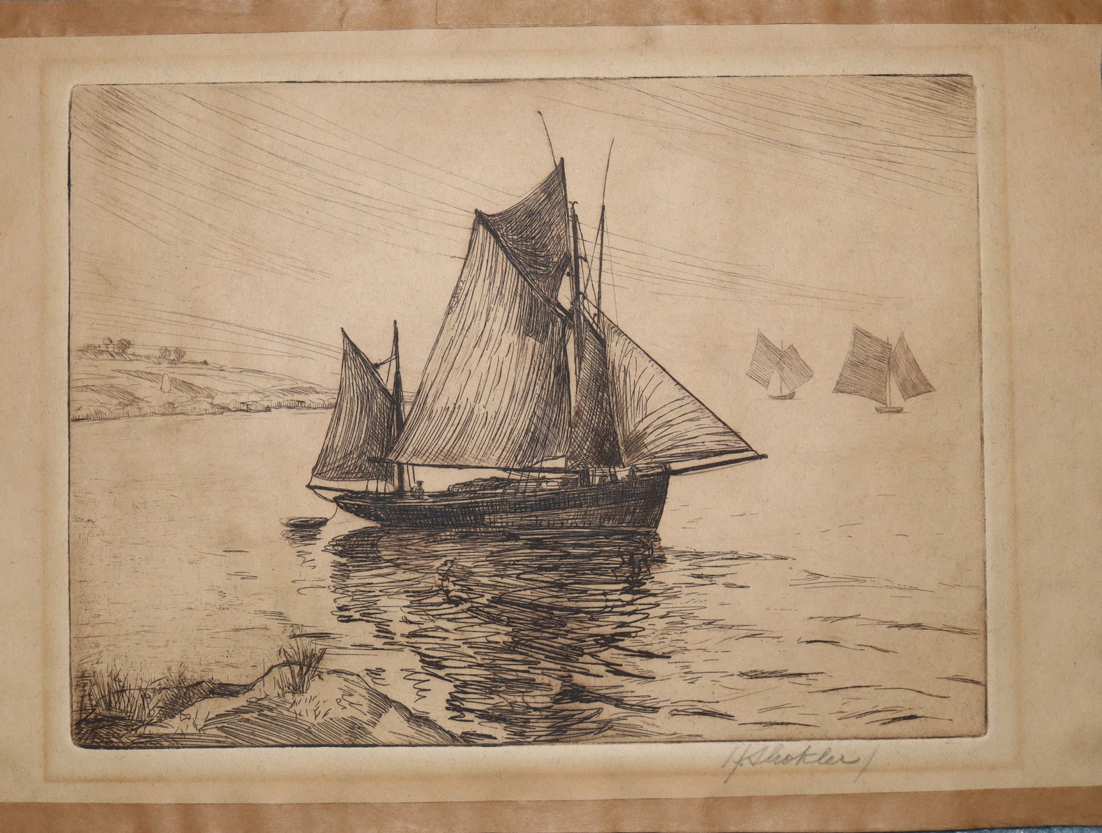 Harry Shokler, c. 1930s, Signed, Sailboat at Sea, American, Etching, Marine Art, Paper Ink (1 of 2)