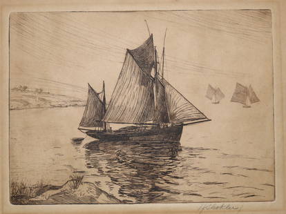 Harry Shokler, c. 1930s, Signed, Sailboat at Sea, American, Etching, Marine Art, Paper Ink: Artist: H. Schokler Description: Harry Shokler, c. 1930s, Signed, Sailboat at Sea