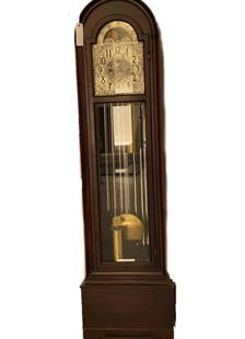 Hercheade, 1960s, Grandfather Clock, Traditional Clock, Original: Hercheade Grandfather Clock, Circa 1960s, is an elegant timepiece featuring original mahogany construction with an eight-day movement and a moon phase dial. This classic clock adds a touch of sophisti