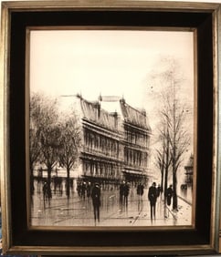 c. 1950, Urban Street Scene, Drawing, Fine Art, Decorative