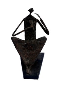 Bronze Sculpture - Seated Figure on Wood Base