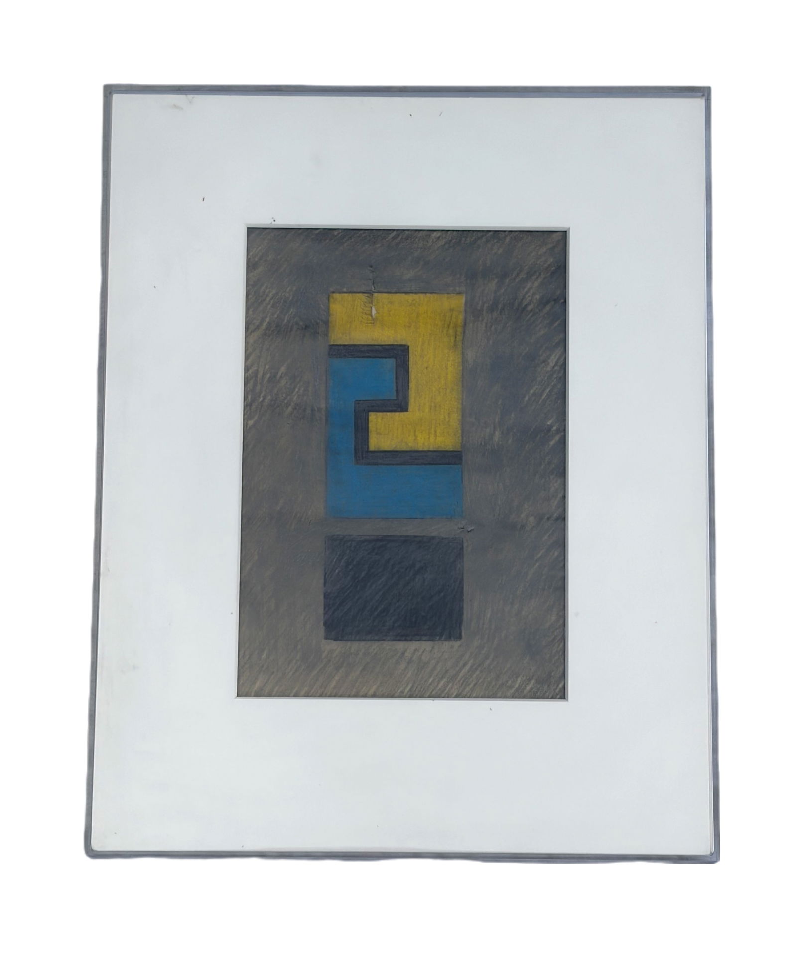 Jules Engel - Geometric Art Piece - Yellow w/ Blue: Artist: Jules Engel (HUNGARIAN/AMERICAN, 1909-2003) Title: Unititled Medium: Graphite & colored pencil on paper Dimensions: 5 7/8 x 8 7/8in Condition: A tear measuring 1 1/4 inches is visible at cente