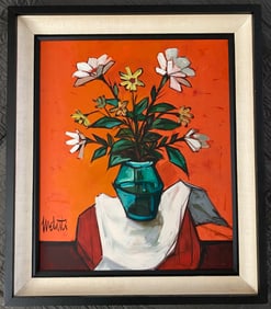Melatti - Vase with Flowers & Red Background - Oil Painting