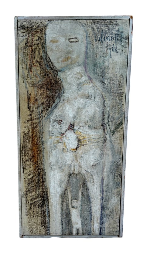 Agnese Udinotti - Nude Study - Oil Painting: Artist: Agnese Udinotti Title: Untitled (Erotic Nude) Year: 1962 Medium: Oil on canvas Dimensions: 17 x 8in Description: signed and dated (upper right) Shipping from: Newport Beach, CA