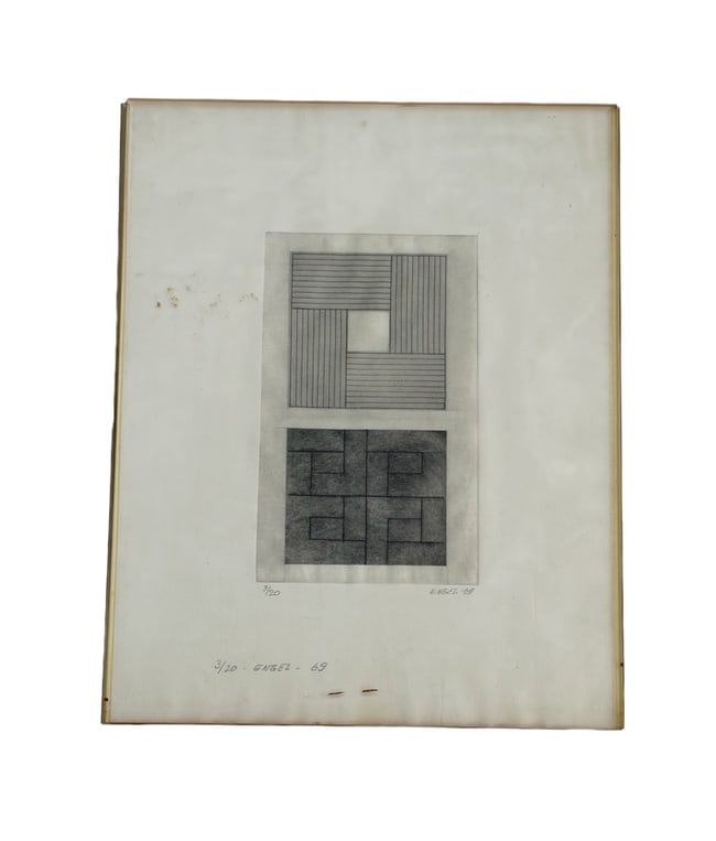 Jules Engel - Geometric Etching - Black & White: Artist: Jules Engel (HUNGARIAN/AMERICAN, 1909-2003) Title: Untitled Year: 1969 Medium: Etching Edition: 3/20 Dimensions: 12 x 8in (approximate) Description: signed and dated (lower right); numbered (l