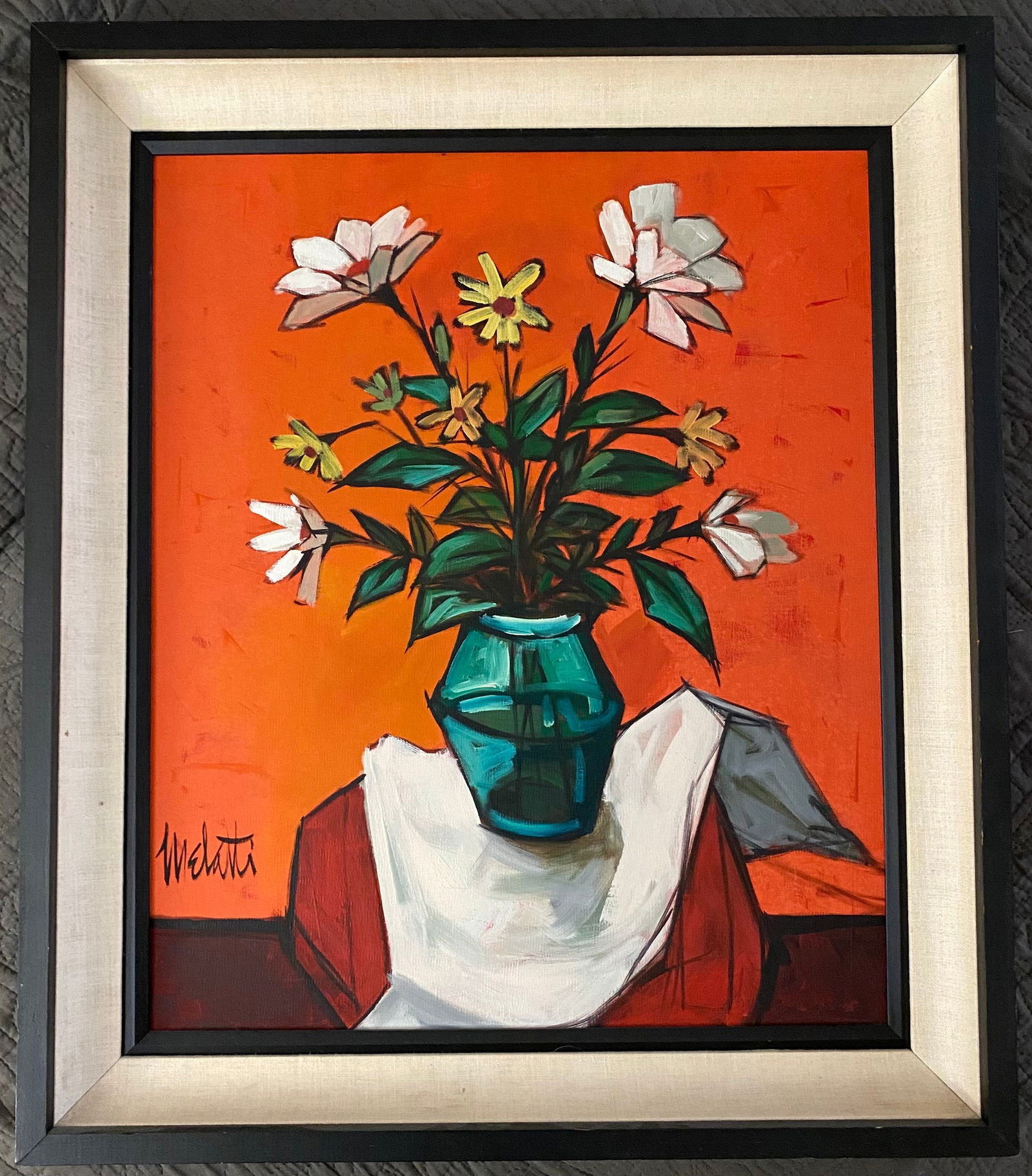 Melatti - Vase with Flowers & Red Background - Oil Painting: Artist: Melatti Title: Vase with Flowers & Red Background Medium: Oil Painting Dimensions: Framed - 29H x 25W Image - 23.5H x 19W Shipping from: Newport Beach, CA
