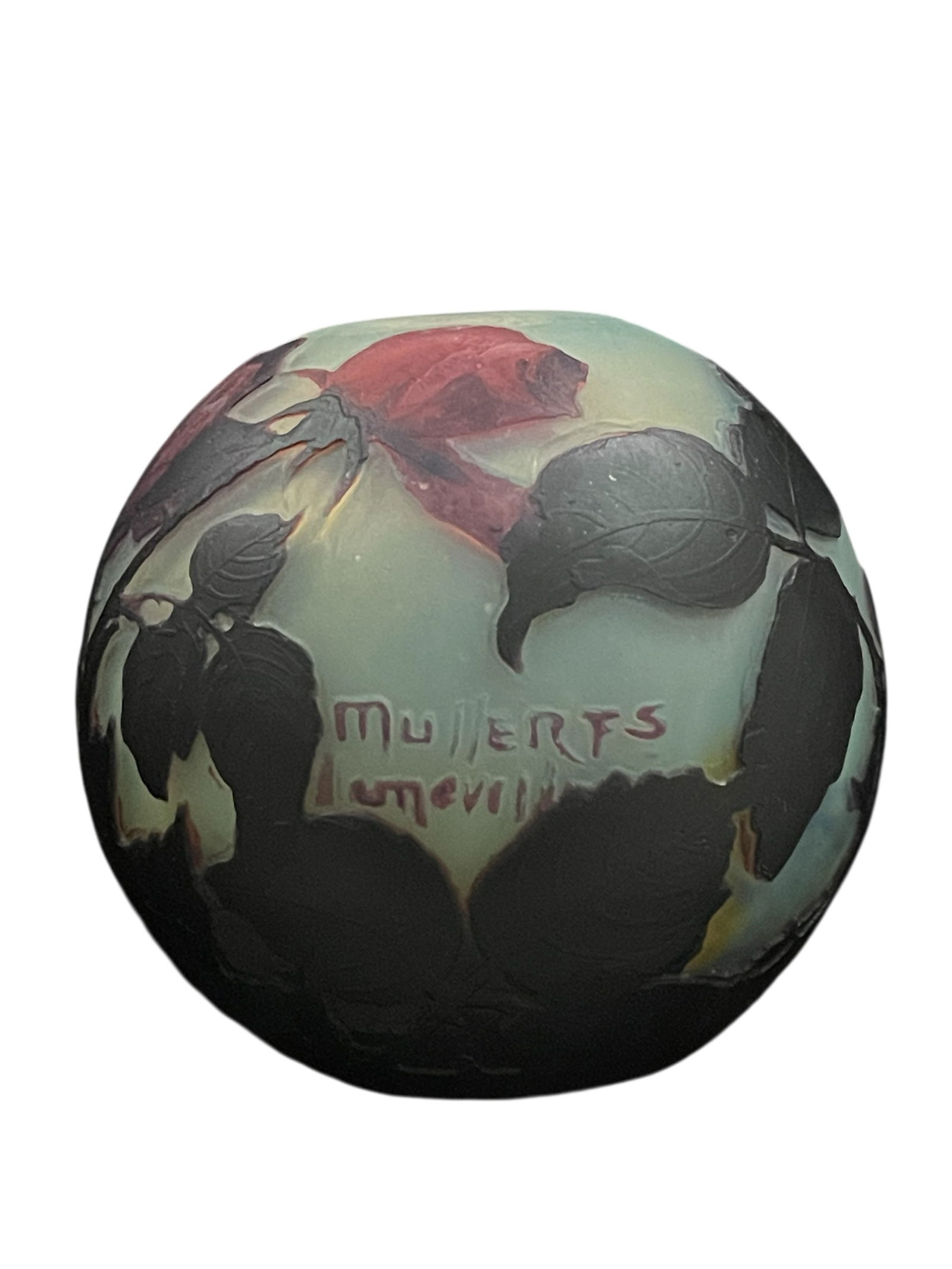 Art Glass Müller Freres Glass Cameo Round Vase: Description: Müller Frères Glass Vase. Round cameo vase with frosted finish in purple hues. Signed by the maker. Approximately