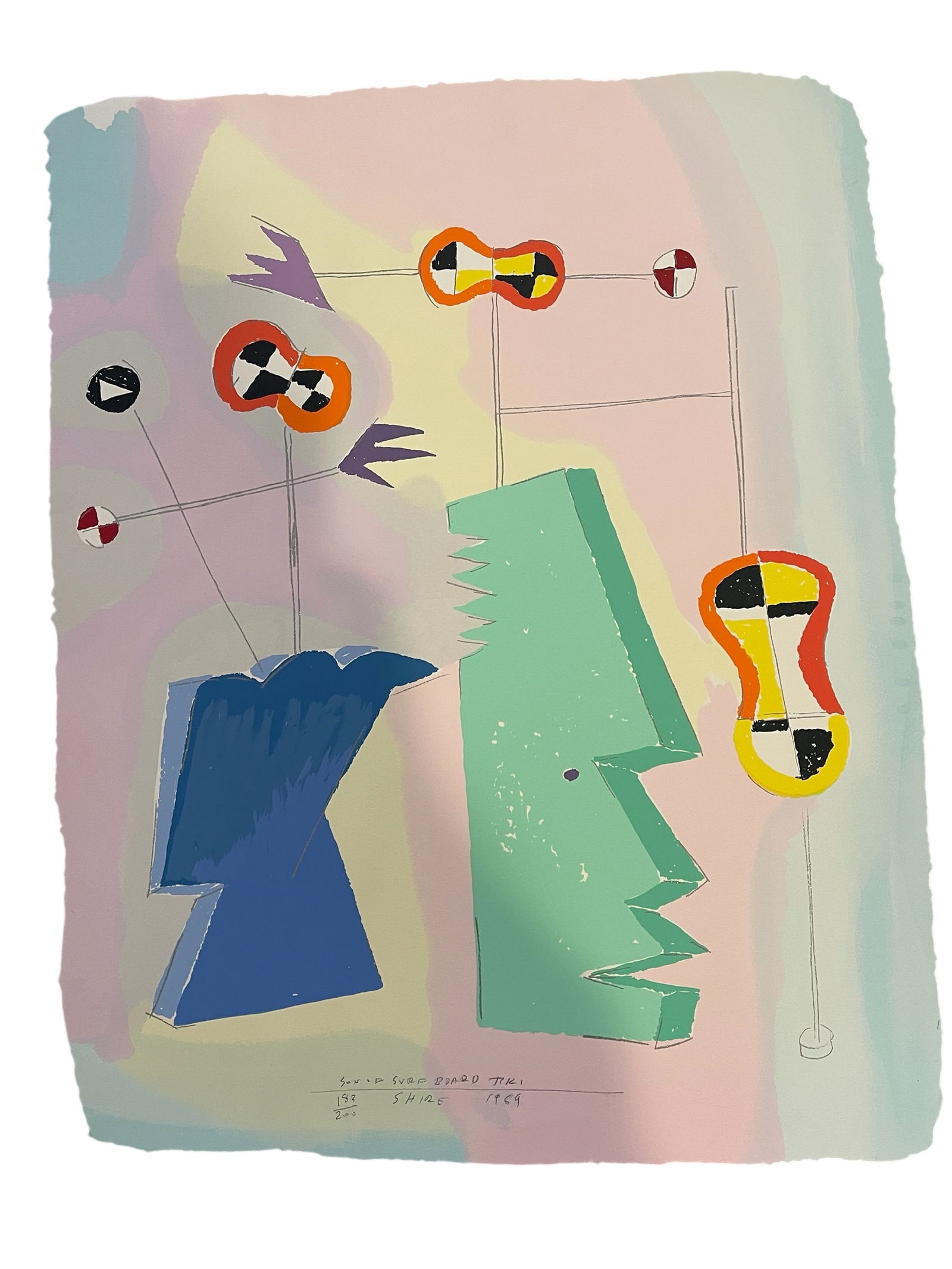 Peter Shire, Son of Surf Board Tiki, 1989: Description: Peter Shire (American, b. 1947) "Son of Surf Board Tiki", 1989. Limited edition silkscreen print, numbered 183/200