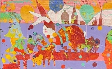 Deloss McGraw - Mad Hatter's Tea Party Theme - Gouache on Paper: Artist: Deloss McGraw Year: 1994 Medium: Gouache on paper Dimensions: Artwork - 15 x 24 in, Framed - 18 x 27 in Description: Deloss McGraw is an American artist and poet celebrated for his vibrant, na