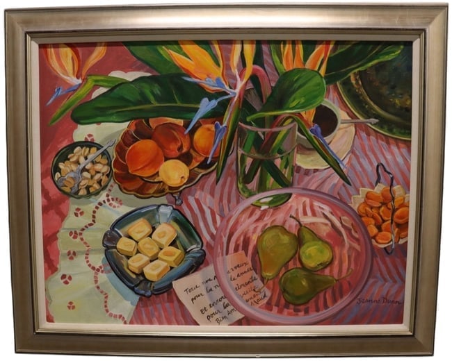 Jeanne Dunn, Acrylic on Canvas, Signed: Jeanne Dunn, Acrylic on Canvas, Signed Artist:Jeanne Dunn (American, b. 1960) Medium:Acrylic on Canvas Description: A vibrant and richly colored still life by Jeanne Dunn, showcasing a dynamic tableto