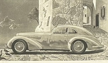 David Bumbeck - Alfa Romeo - Etching - 1987: Artist: David Bumbeck Title: Alfa Romeo Year: 1987 Edition: 8/8 Medium: Etching Dimensions: Artwork - 10 x 18 in, Framed - 15 x 23 in Description: David Bumbeck is an American artist known for his fin
