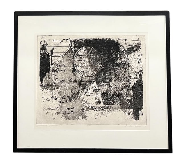 Judith Palmer, Proving Ground I, Titled, Signed, Numbered 2/30 & Dated '90: Judith Palmer, Proving Ground I, Titled, Signed, Numbered 2/30 & Dated '90 Artist: Judith Palmer Title: Proving Ground I Description: Monochrome abstract etching with layered textures and hand-written
