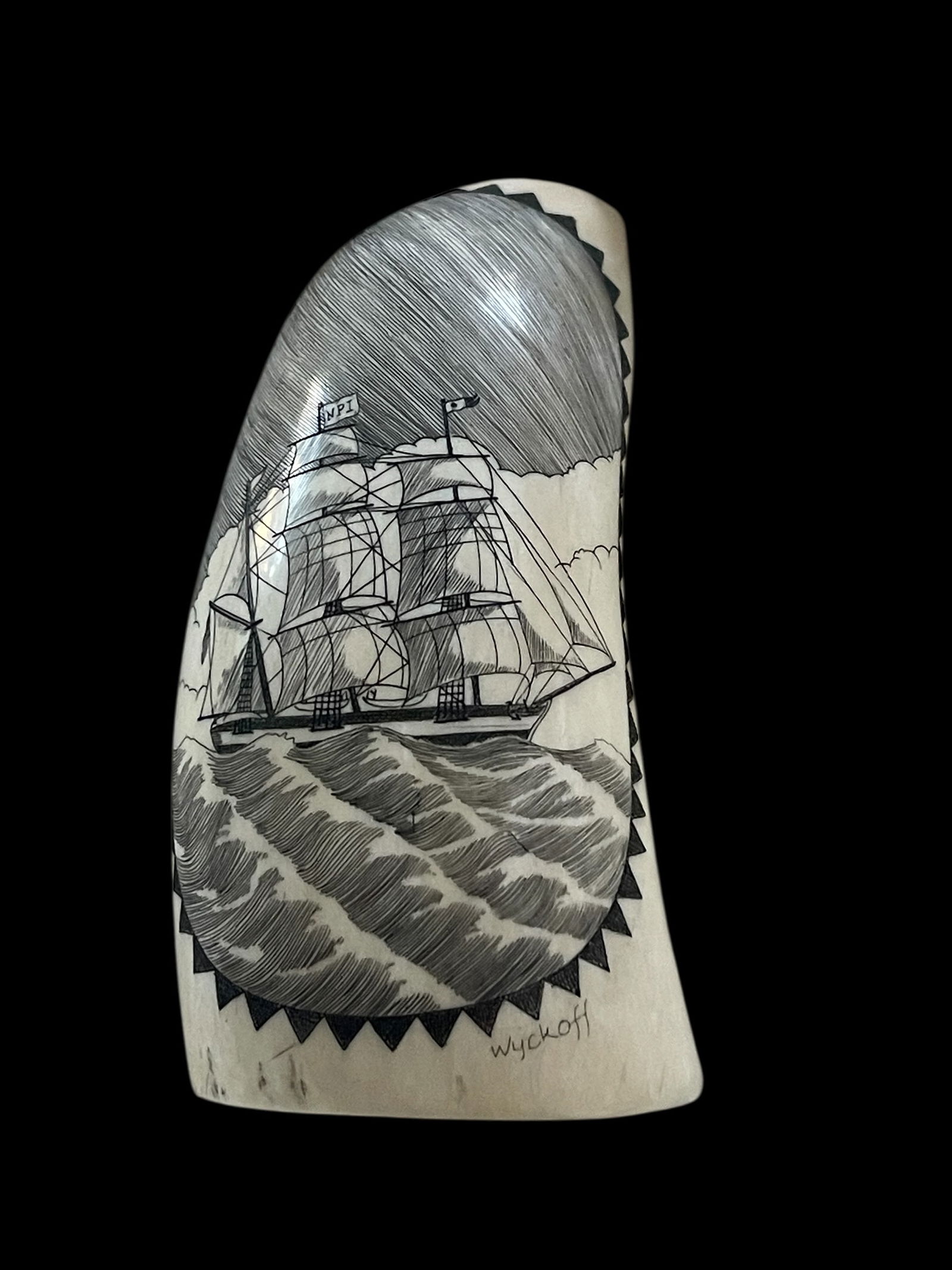 Scrimshaw whale tooth whale ship. Signed Wyckoff 3 3/4 Inch (1 of 3)