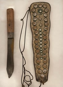 Native American Knife with Leather Studded Sheath in Display Case