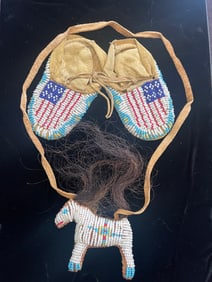 Native American Baby Beaded Moccasins and Horse Amulet in Display Case