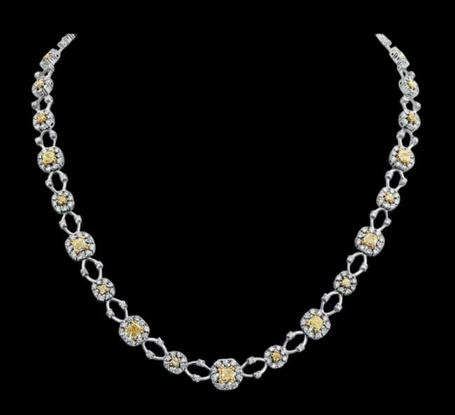 Valentines 18kt White and Yellow Gold Love Necklace JB Diamonds Newport Bch,CA: Description: 18KT WHITE AND YELLOW GOLD LOVE NECKLACE. 3D FLOWER SQUARE, ETERNITY DESIGN. DIAMONDS 6.12 CARATS. FANCY YELLOW DI
