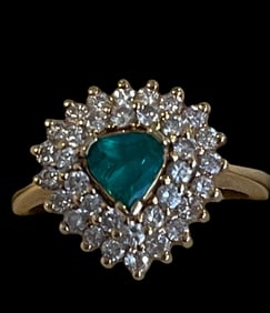 18K Gold Tear Drop Authentic Columbian Emerald and Diamond ring