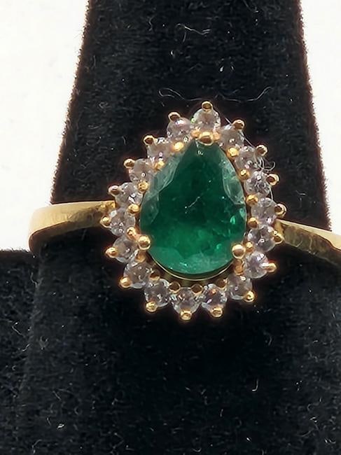 18K Gold Tear Drop Authentic Columbian Emerald and Diamond ring: 18K Gold Tear Dropcut 100% Authentic Columbian Emerald with 2 rows of diamonds surrouding the emerald. Approx ring size 8. Approx Weight 4.1g. Ships from Newport Beach, Ca,