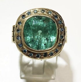 18K Yellow Gold Columbian Emerald & Blue Diamonds.