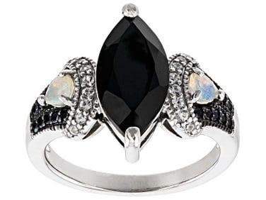Ring Black Spinel Rhodium fire opal Silver Ring 3.17ctw