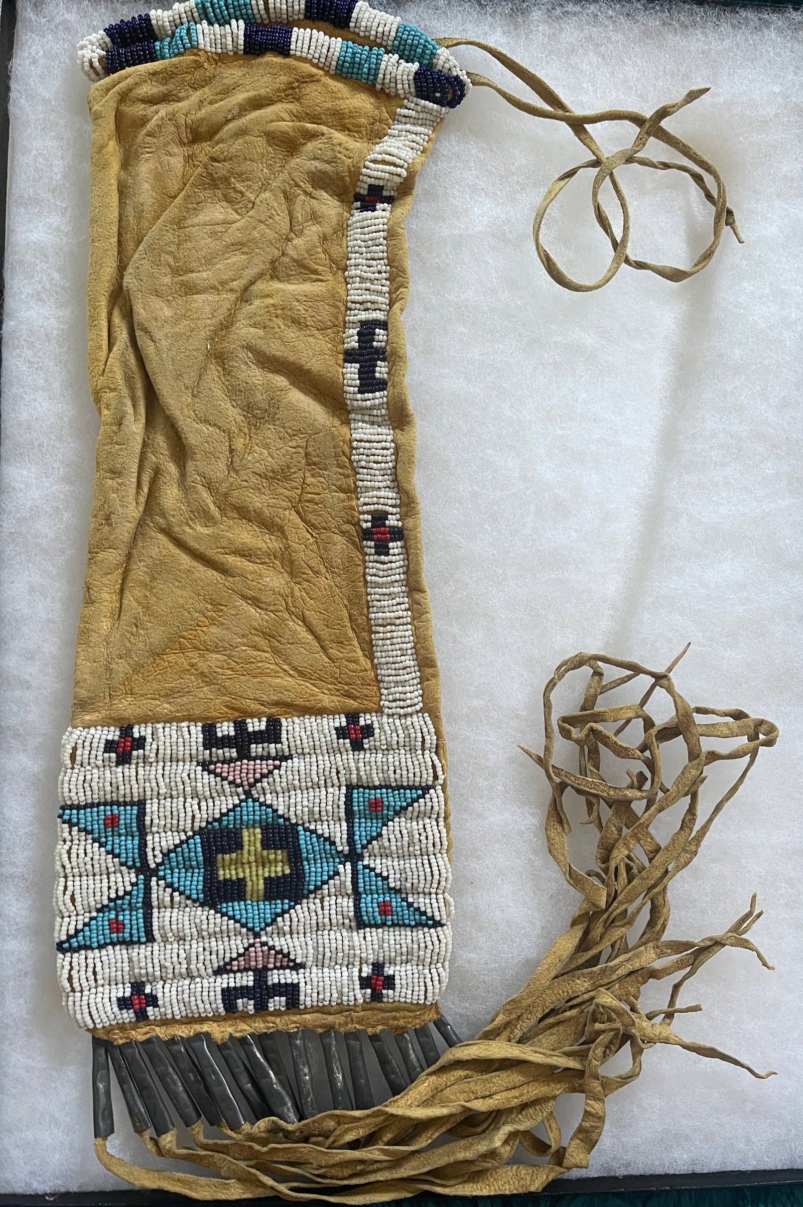 Lakota Beaded Hide Tobacco Bag, Circa 1860 in Display (1 of 4)