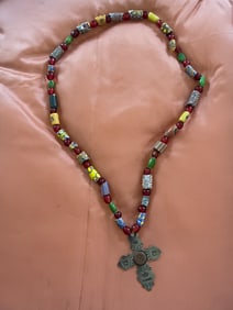 NAVAJO NECKLACE WITH FRENCH/AFRICAN TRADE BEADS AND HAND CAST CROSS