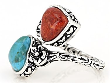 Valentines Ring Turquoise and Coral Rhodium Over Sterling Silver 2-Stone Bypass Ring