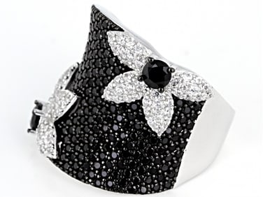 Black Spinel Sterling Silver Flower Design Ring