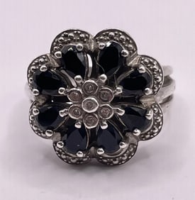 Black Onyx Diamond Marcasite 925 Sterling Silver Flower Ring
