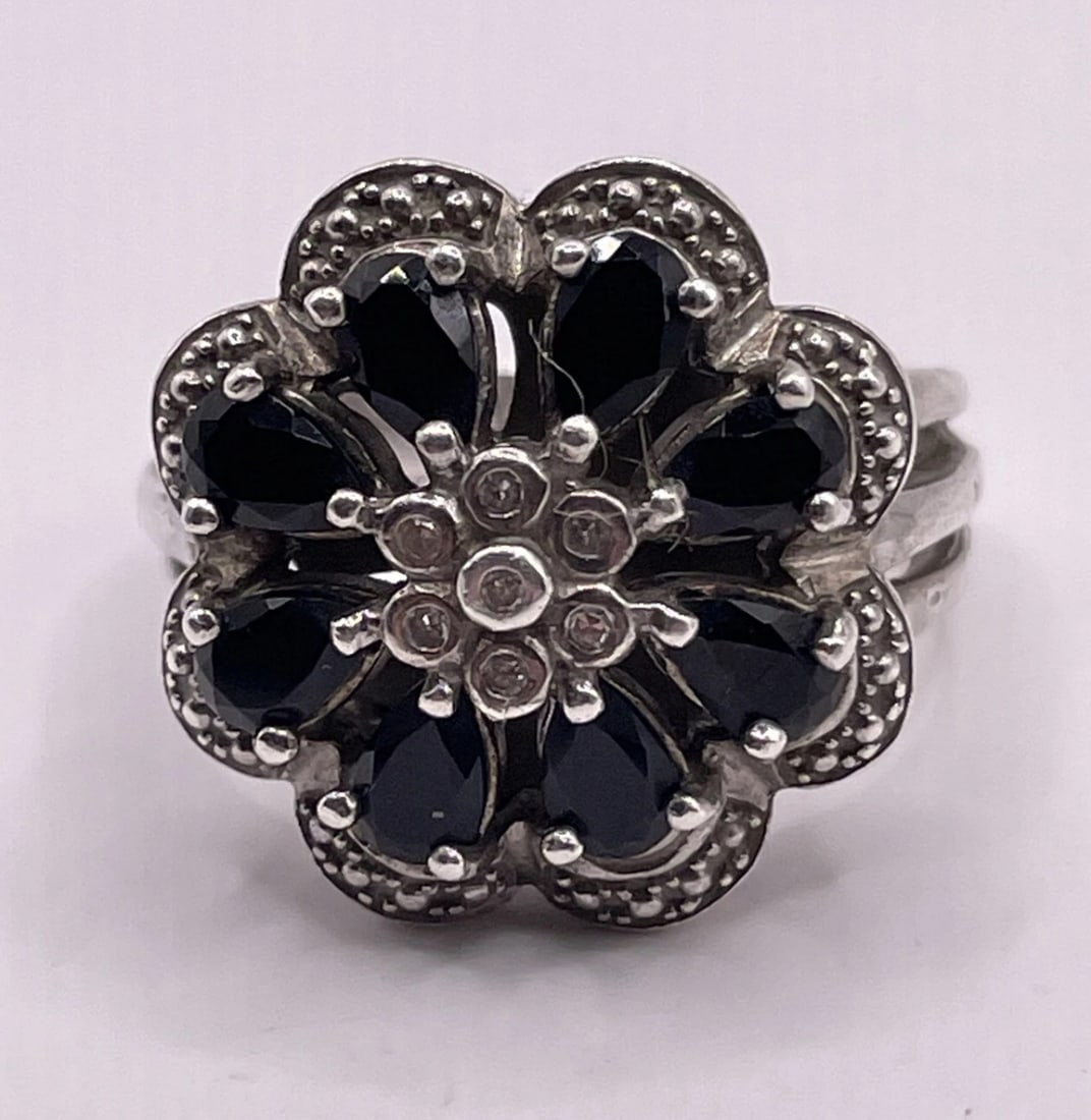 Black Onyx Diamond Marcasite 925 Sterling Silver Flower Ring: Ring Black Onyx Diamond Marcasite 925 Sterling Silver Flower Ring/ Size 8/Ships from Newport Beach,Ca